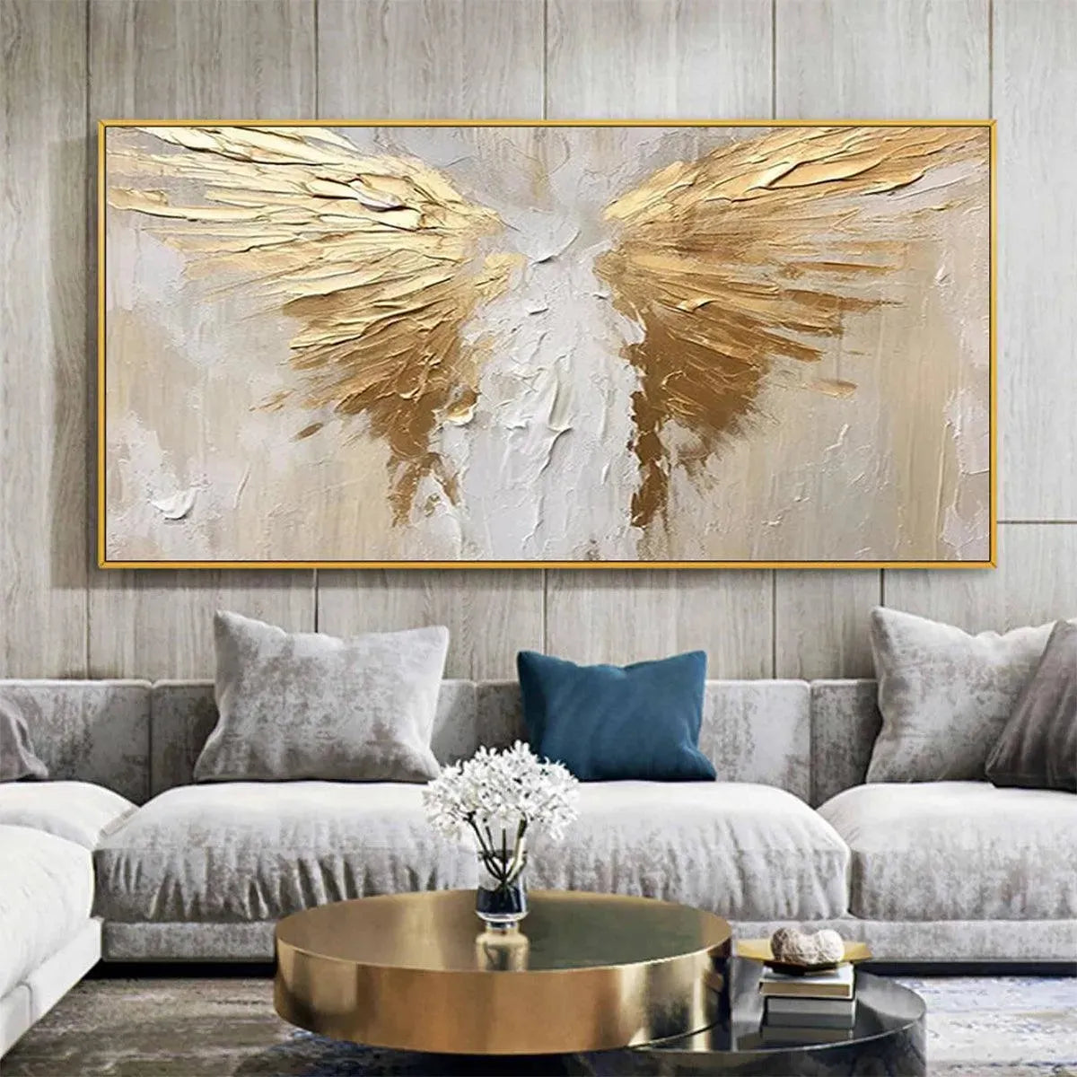 Textured impasto gold wings abstract painting on beige canvas, modern panoramic wall art with gold frame.