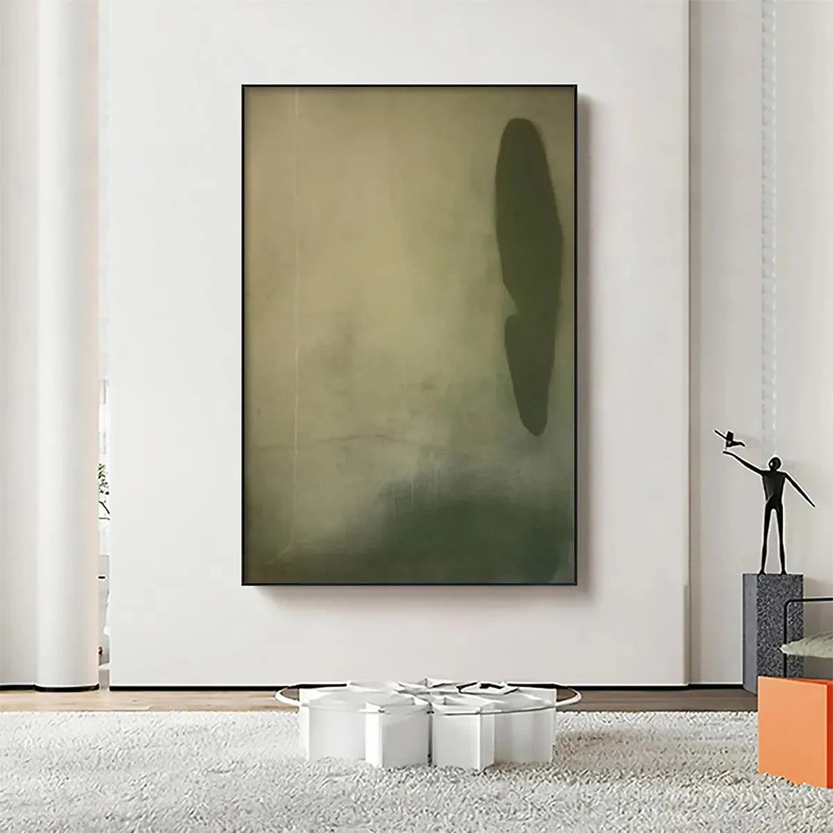 Olive Serenity vertical abstract painting with muted green and beige tones, displayed in a minimalist living room.