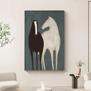 Two Horses minimalist art by Javier Ramirez, black and white horse silhouettes on teal wall art.