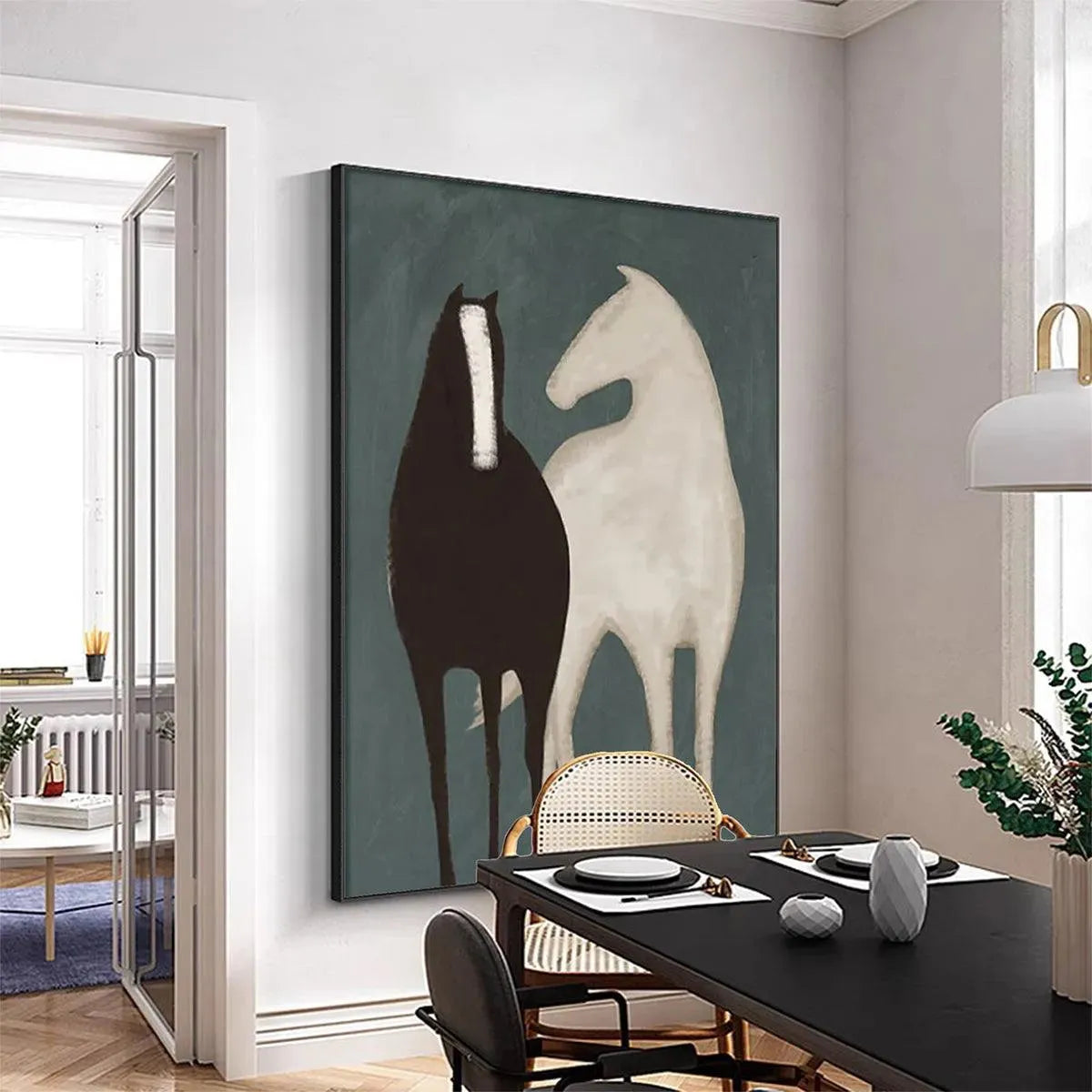 TWO HORSES by Javier Ramirez: Minimalist horse art. Black & white silhouettes on teal background, vertical wall art.