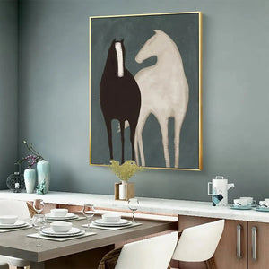 TWO HORSES minimalist painting by Javier Ramirez, black and white horses on teal, vertical wall art, dining room decor
