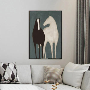TWO HORSES minimalist art by Javier Ramirez, black and white horse silhouettes on teal background, vertical wall art.
