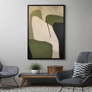 Minimalist Green Abstract vertical painting by Javier Ramirez with organic shapes in olive green, cream, and black.