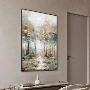 Golden Forest Path, textured forest art by Liam O'Connell. Gold, blue, and grey tones; vertical wall art.