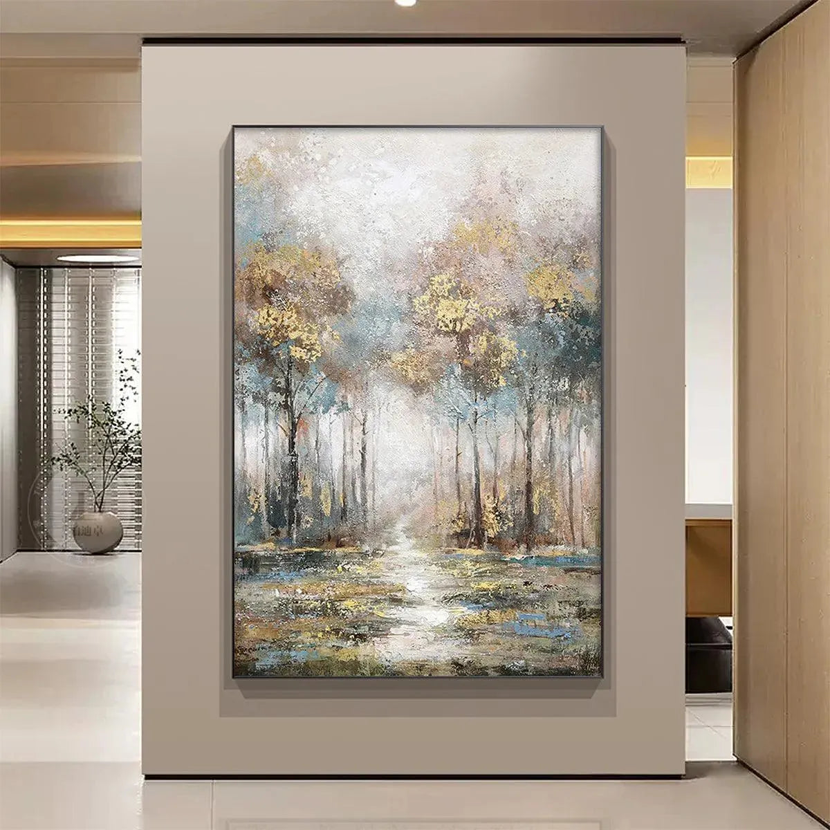 Golden Forest Path art by Liam O'Connell: Textured forest landscape in gold, blue, and grey tones for vertical wall art.