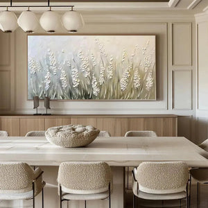 Panoramic textured white floral painting, "Whispering Fields" by Elodie Dubois, 3D impasto art for serene decor.