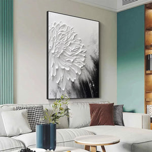 Vertical impasto painting of a white textured bloom with thick petals on a black textured background, modern living room art