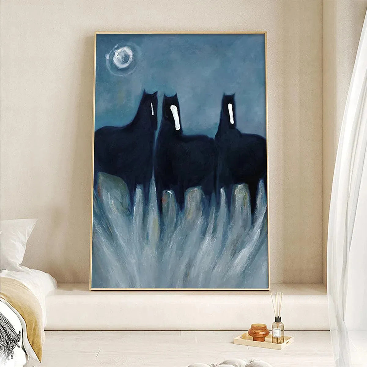 Javier Ramirez minimalist horse painting, three black horses in blue night, gold frame, vertical wall art.