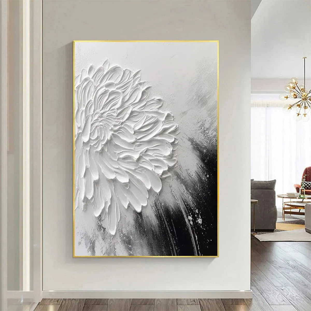 Vertical impasto painting of a white textured bloom with thick petals on a black textured background, gold frame.