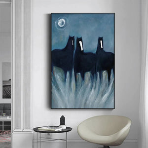 Minimalist horse painting by Javier Ramirez: Three black horses in blue night, modern vertical wall art.