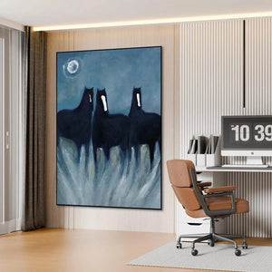 Minimalist painting of three black horses against a blue night sky, vertical wall art by Javier Ramirez for MontCarta.