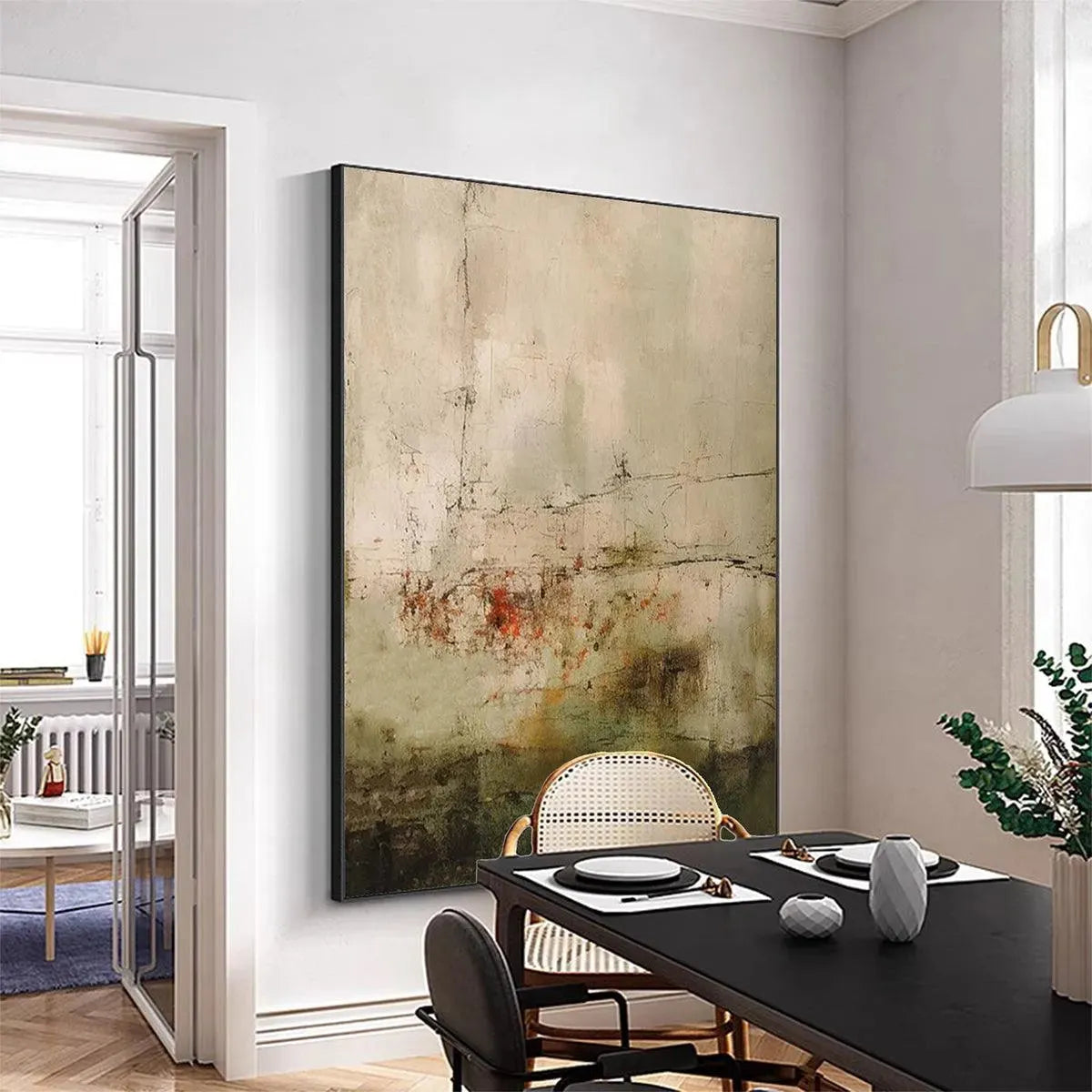 Wabi Sabi Terrain vertical abstract painting with textured finish in muted earth tones and subtle red accents.