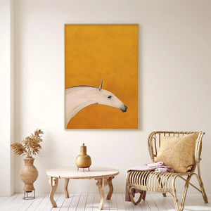 Minimalist white horse painting by Javier Ramirez, vertical wall art. Modern art piece with yellow backdrop for home decor