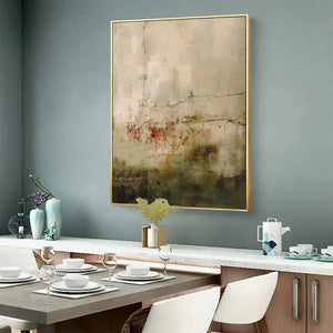 Wabi Sabi Terrain vertical painting: muted earth tones, green, red accents, gold frame. Dining area context.