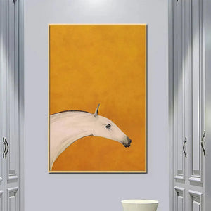Minimalist white horse head painting on yellow background by Javier Ramirez. Vertical wall art for modern home decor.