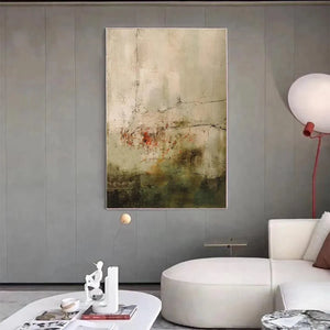 Wabi Sabi Terrain vertical painting: muted earth tones, green, red accents, and black lines in a modern living room.