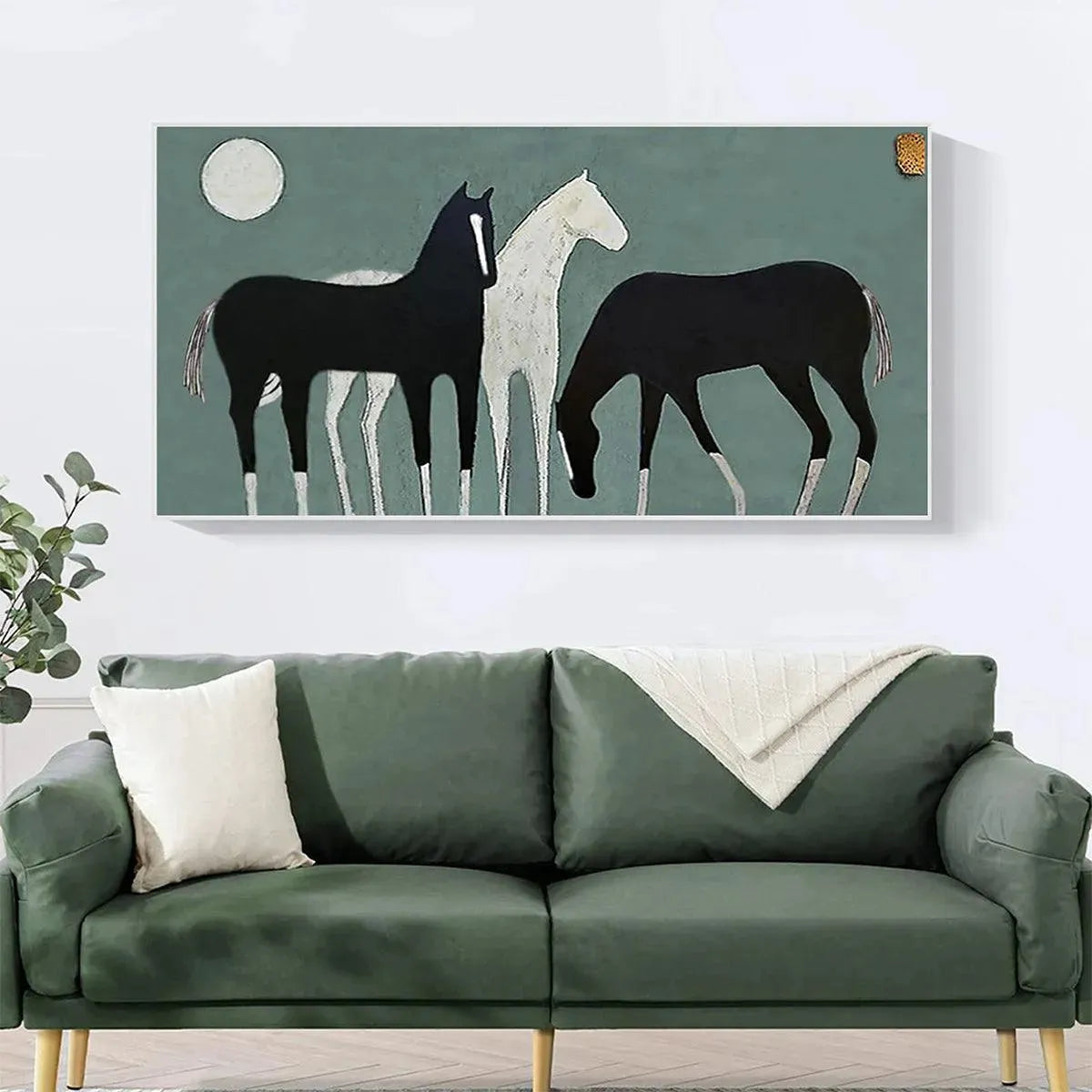 Minimalist "Three Horses Under the Moon" panoramic art by Javier Ramirez. Black and white horses, modern wall decor.