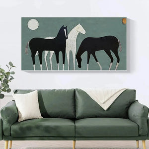 Minimalist "Three Horses Under the Moon" panoramic art by Javier Ramirez. Black and white horses, modern wall decor.