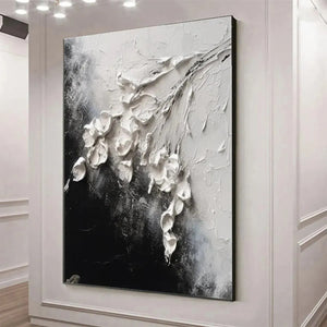 Textured white impasto floral painting with thick blooms on high-contrast black and white background.