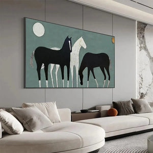 Minimalist 'Three Horses Under the Moon' art by Javier Ramirez. Black and white horse painting, modern panoramic wall art.