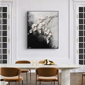 Isabella Rossi textured white floral impasto painting, square wall art with thick 3D blooms on black and white background.