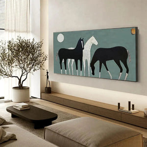 Minimalist Three Horses Under the Moon panoramic art print by Javier Ramirez. Modern black and white horse painting.