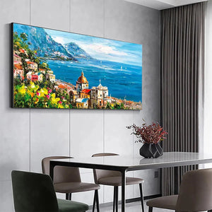 Impasto oil painting of vibrant Mediterranean town on a hill by the sea. Panoramic wall art.