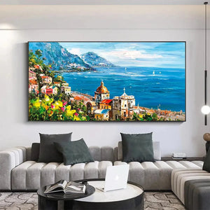 Impasto oil painting of a vibrant Mediterranean coastal town, colorful buildings, blue sea, textured brushstrokes.