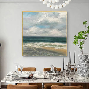 Liam O'Connell square coastal painting, textured teal waves crashing on wet sand under a cloudy sky, ideal for room decor.