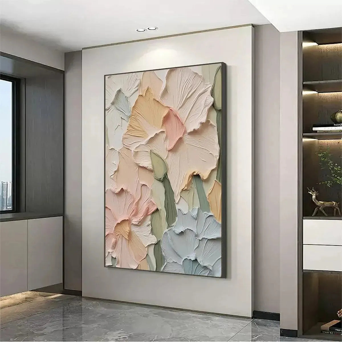Textured impasto floral painting, pastel petals in peach, pink, cream, pale green. 3D flower art on square canvas.