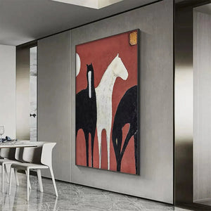 Minimalist vertical oil painting: three horses in white and black on rust-red background, gold accent detail.
