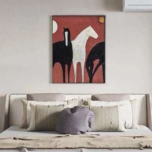 Minimalist vertical painting of three horses, two black and one white, on textured red background. Abstract wall art.