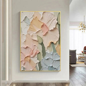 Textured impasto floral painting: 3D peach, pink, cream, sage green petals in gold frame, modern room decor.