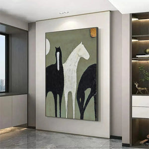 Minimalist black and white three horses painting, vertical wall art on sage green background