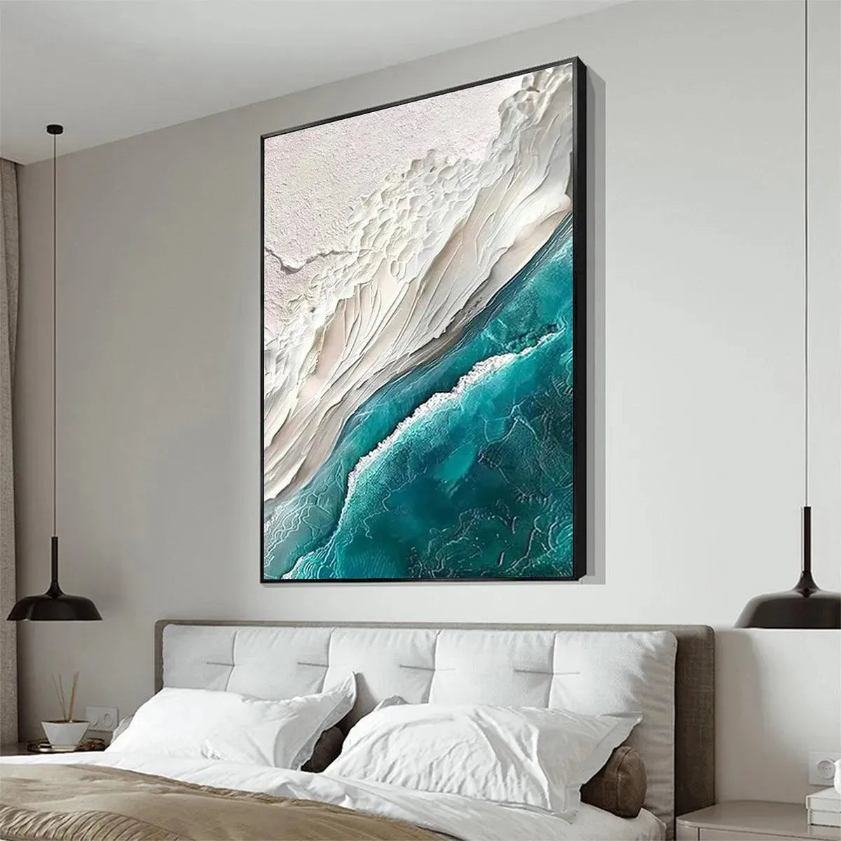Textured abstract seascape wall art with teal waves and white sand, vertical canvas in bedroom lifestyle setting.