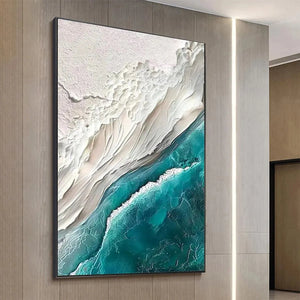 AZURE DREAM abstract seascape vertical canvas art with thick textured teal ocean waves and white sand, coastal decor