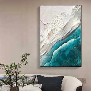 AZURE DREAM textured abstract seascape vertical canvas art with thick teal waves and white sand in coastal living room