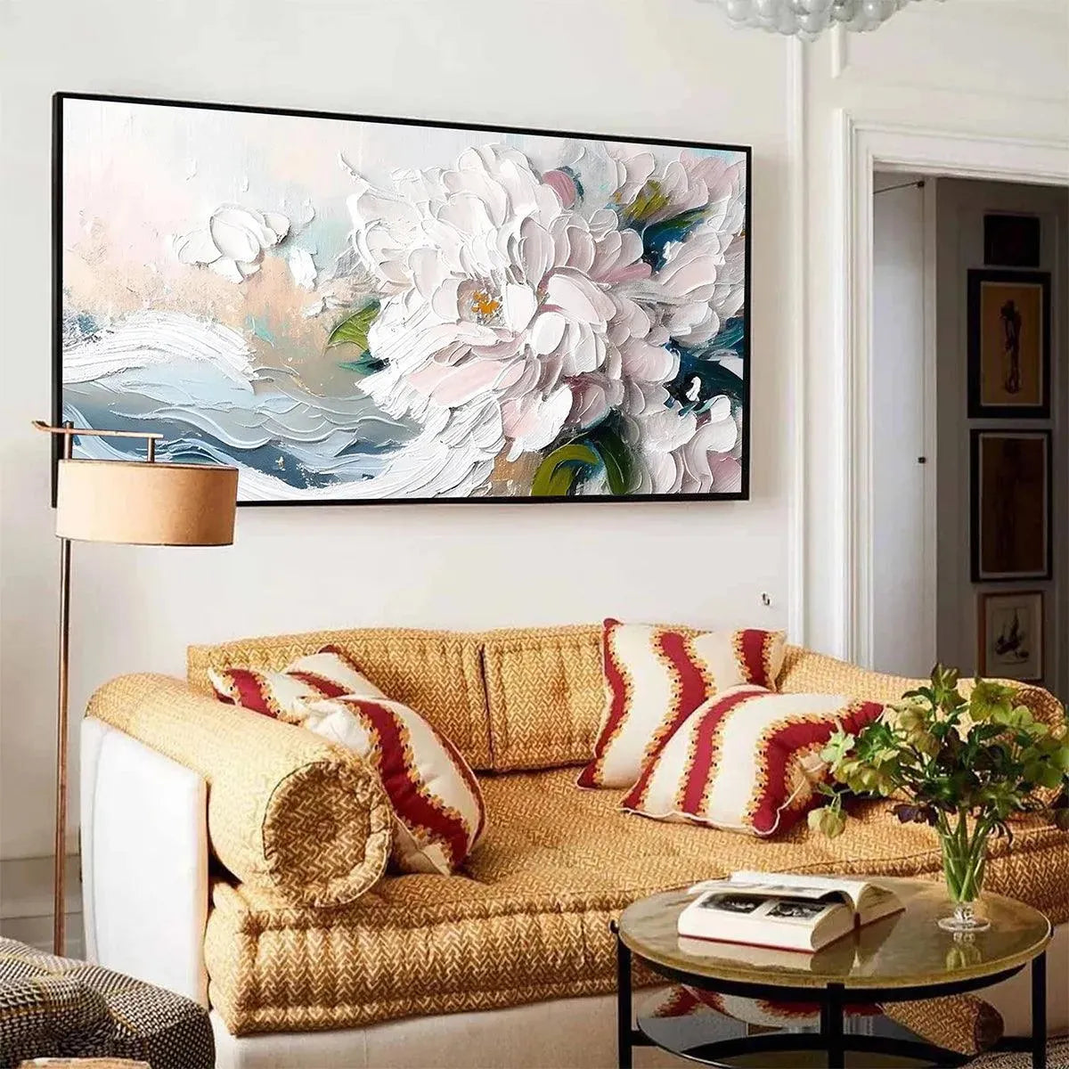 Textured impasto white peony painting with pink hues, panoramic canvas art for romantic decor.