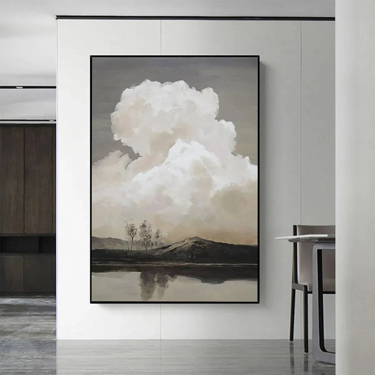 Liam O'Connell's Cloudy Landscape painting, muted color palette, vertical art, cloud and lake scene, framed wall art