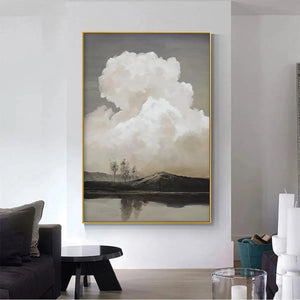 Liam O'Connell Cloudy Landscape art: Muted-tone vertical wall art, cloud and lake scene, gold frame, for living room.