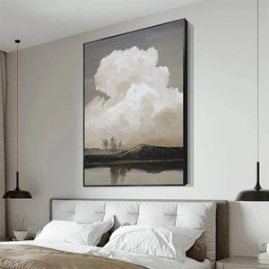 Muted tone Cloudy Landscape painting by Liam O'Connell, vertical wall art with gold frame, serene nature scene for bedroom.