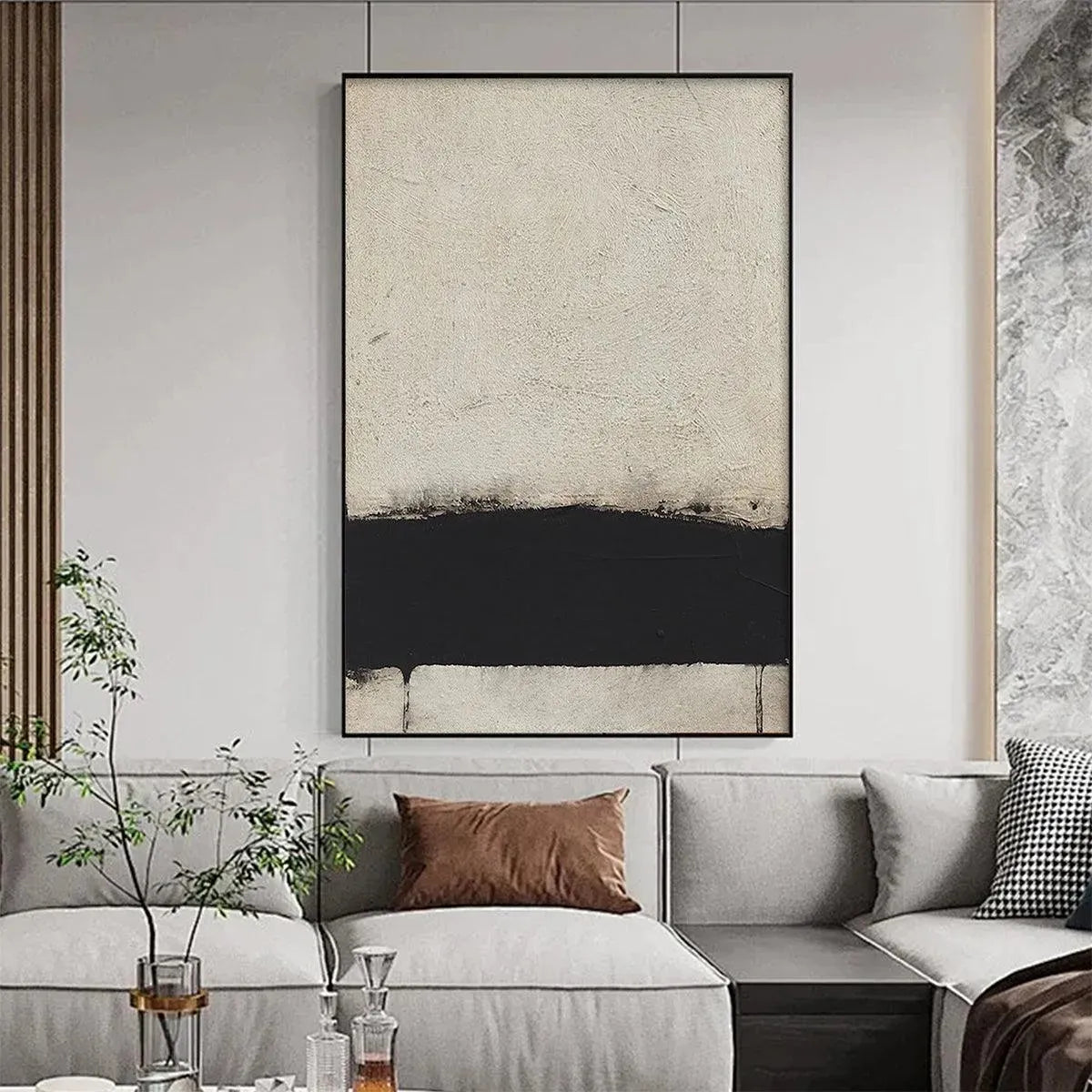 Minimalist black and white landscape painting by Javier Ramirez, modern wall art, black framed, for living room