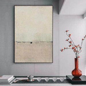 Minimalist Earthscape abstract painting by Javier Ramirez, vertical wall art, neutral tones, textured canvas, modern decor.