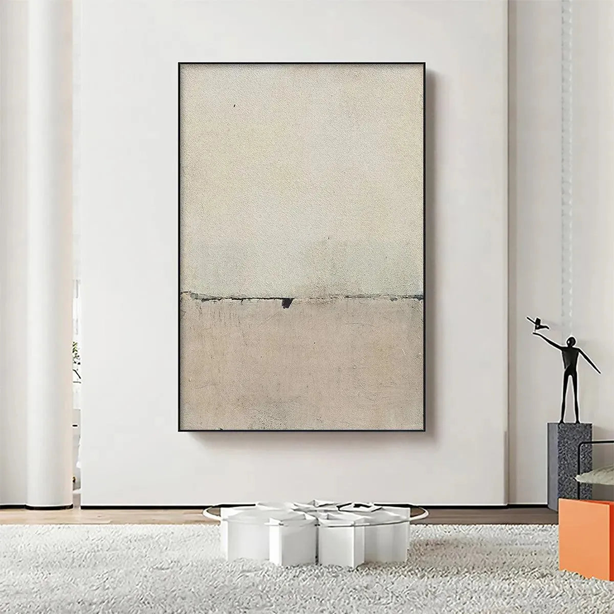 Minimalist Earthscape by Javier Ramirez: Vertical abstract painting, neutral tones, textured canvas, modern art.