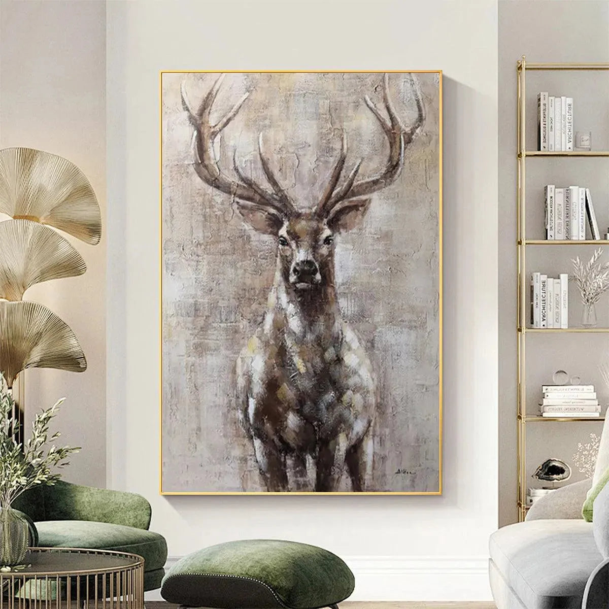 MAJESTIC STAG textured painting by Ethan Walker, vertical wall art with neutral tones and gold frame for modern decor.