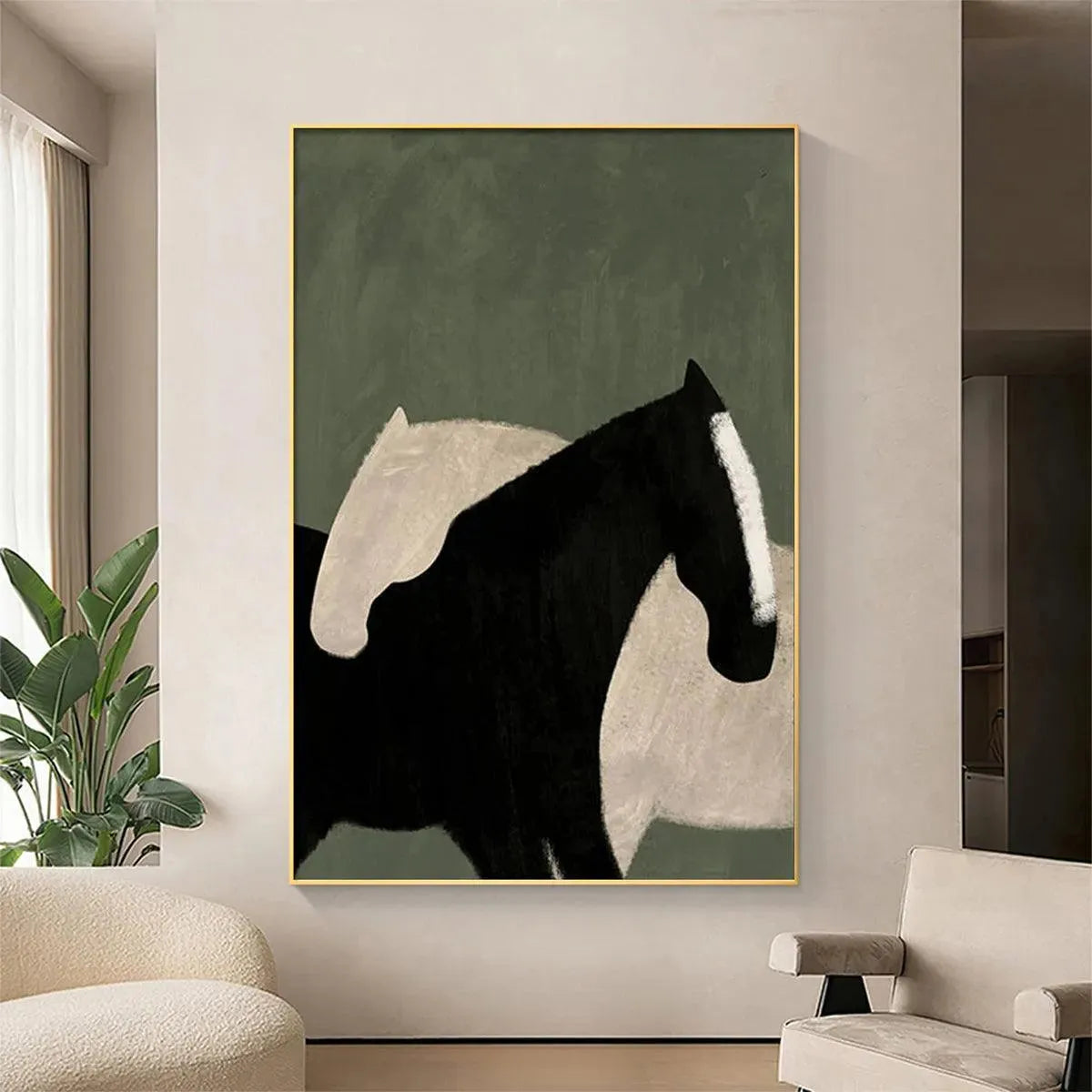 Minimalist horse painting by Javier Ramirez, black and white horses on green background, vertical wall art