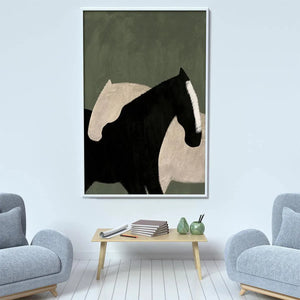 Minimalist horse painting by Javier Ramirez, black and white horses on green background, vertical wall art, modern home decor