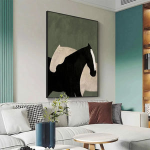 Javier Ramirez minimalist horse art, black and white horses on green background, vertical wall art, above sofa