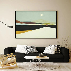 Isabella Rossi 'Solitary Figure' horizontal wall art, minimalist landscape painting, soft colors, framed.