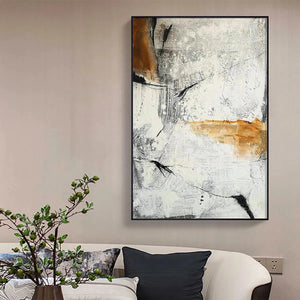 Abstract painting in brown, white, and grey by Javier Ramirez. Modern vertical wall art, home decor.